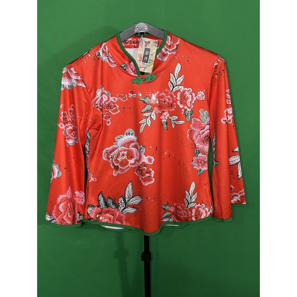 Rongde Red Floral Chinese Qipao Blouse Frog Closure Sequin Trim Top Sz S
